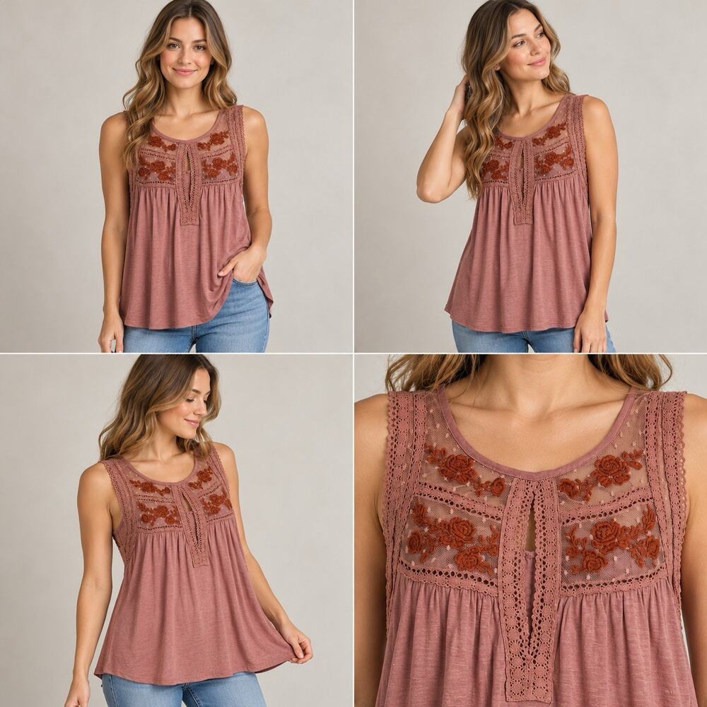 NWT Altard State Tank Top Womens Medium Mauve Floral Embroidered Lace Boho